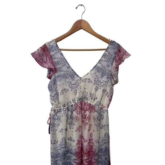 Knox Rose Chiffon Multicolored V-Neck Midi Dress Ruffle Tassel Boho Size Small - Picture 6 of 15